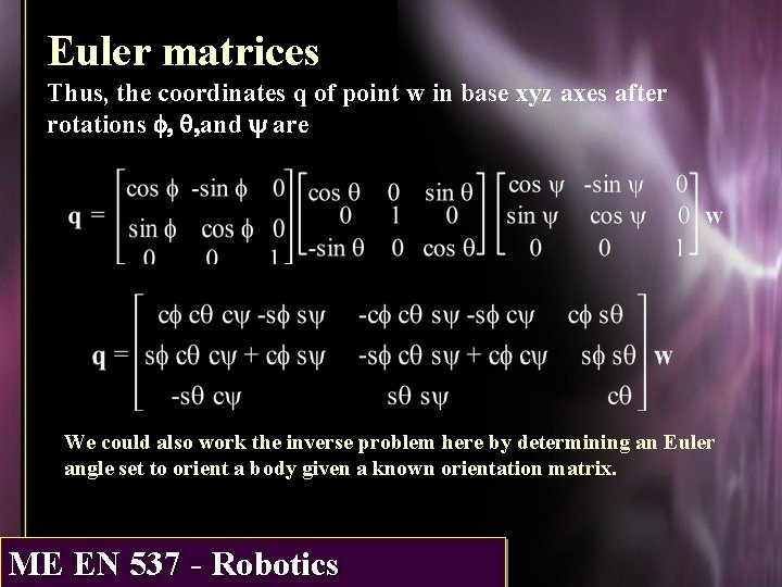 Euler matrices Thus, the coordinates q of point w in base xyz axes after