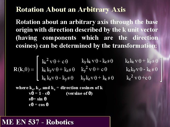 Rotation About an Arbitrary Axis Rotation about an arbitrary axis through the base origin