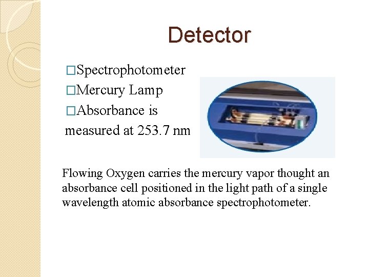 Detector �Spectrophotometer �Mercury Lamp �Absorbance is measured at 253. 7 nm Flowing Oxygen carries
