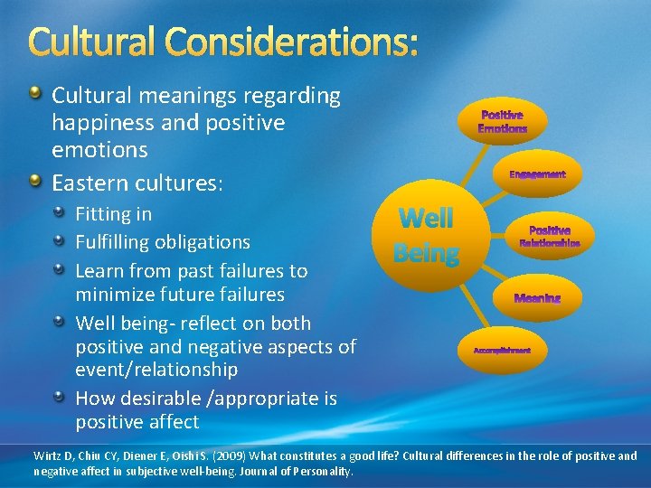 Cultural Considerations: Cultural meanings regarding happiness and positive emotions Eastern cultures: Fitting in Fulfilling