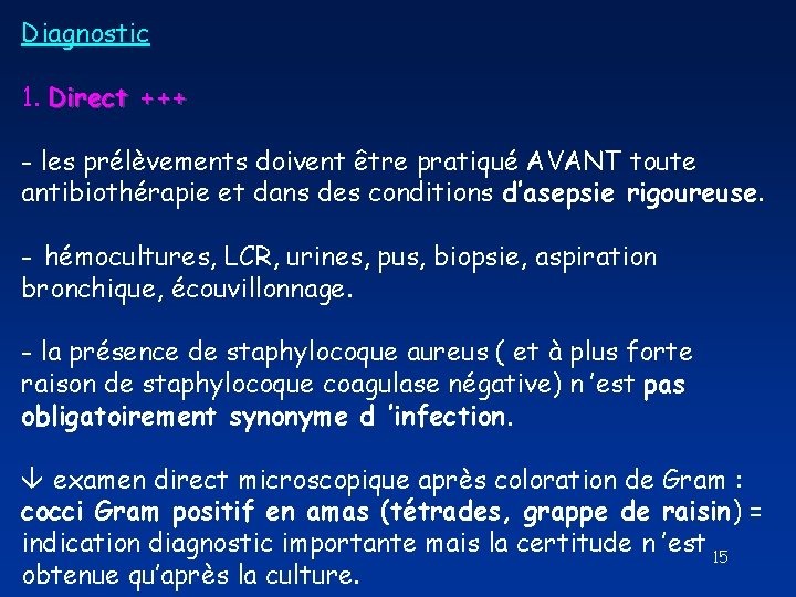 Diagnostic 1. Direct +++ - les prélèvements doivent être pratiqué AVANT toute antibiothérapie et Diagnostic 1. Direct +++ - les prélèvements doivent être pratiqué AVANT toute antibiothérapie et