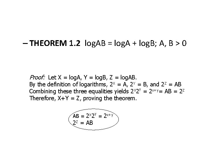 – THEOREM 1. 2 log. AB = log. A + log. B; A, B