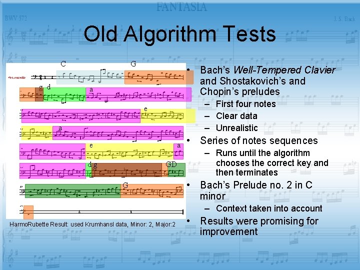 Old Algorithm Tests C g d G • Bach’s Well-Tempered Clavier and Shostakovich’s and