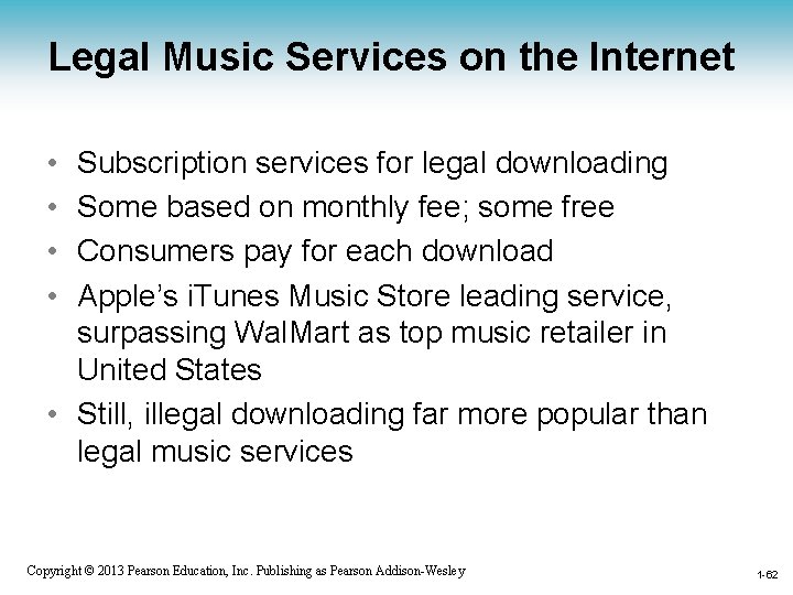 Legal Music Services on the Internet • • Subscription services for legal downloading Some