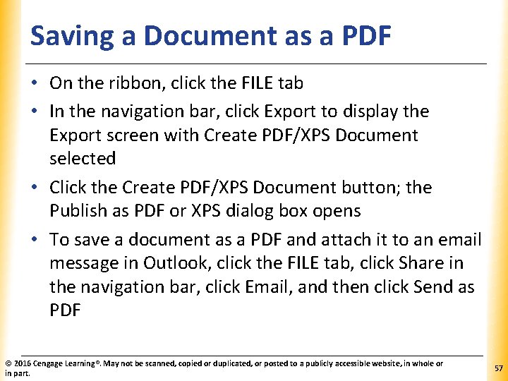 Saving a Document as a PDF XP • On the ribbon, click the FILE