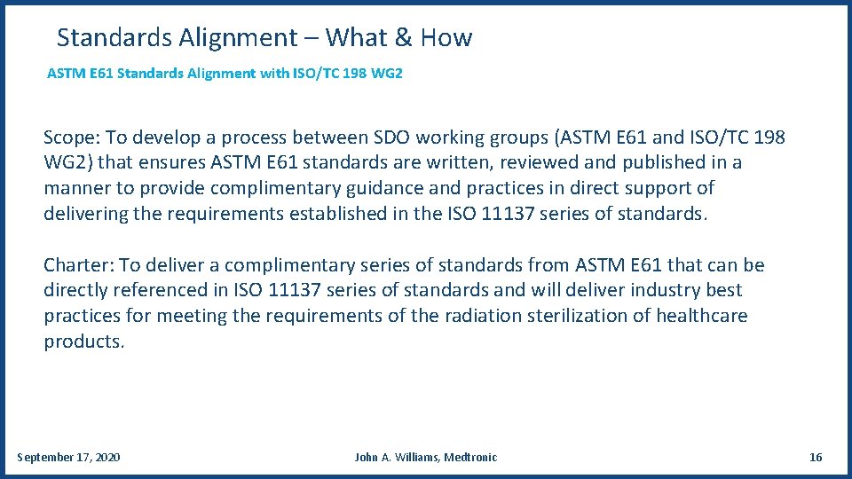 Standards Alignment – What & How ASTM E 61 Standards Alignment with ISO/TC 198