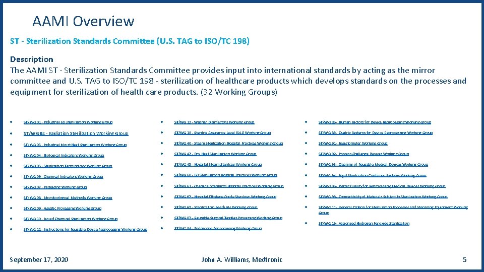 AAMI Overview ST - Sterilization Standards Committee (U. S. TAG to ISO/TC 198) Description