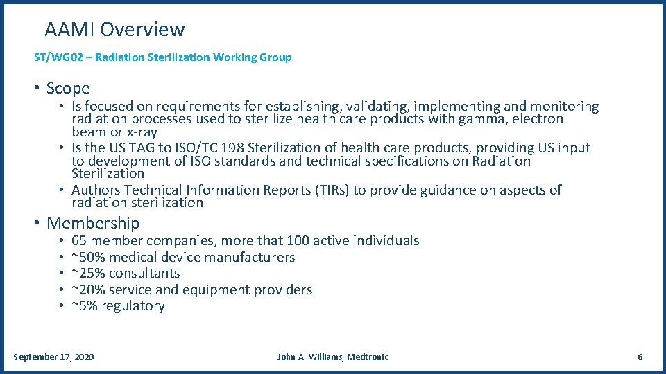 AAMI Overview ST/WG 02 – Radiation Sterilization Working Group • Scope • Is focused