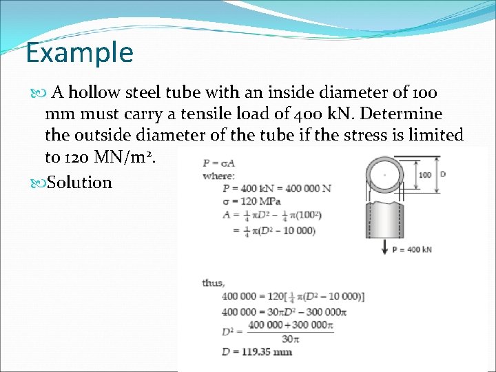 Example A hollow steel tube with an inside diameter of 100 mm must carry