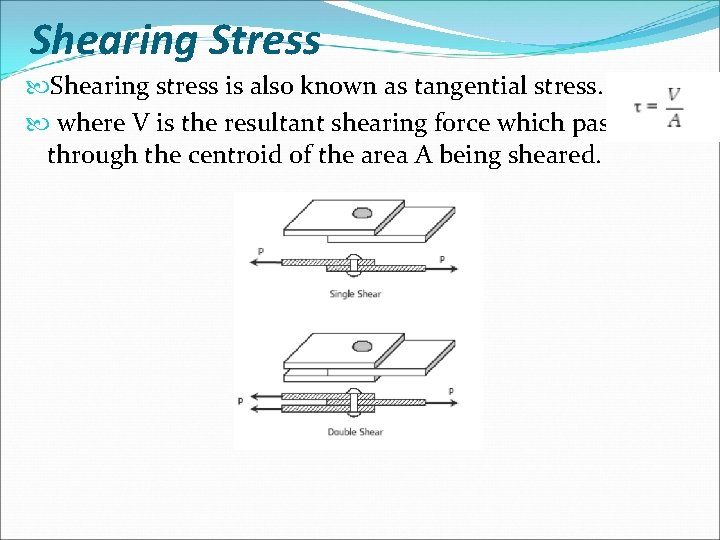 Shearing Stress Shearing stress is also known as tangential stress. where V is the