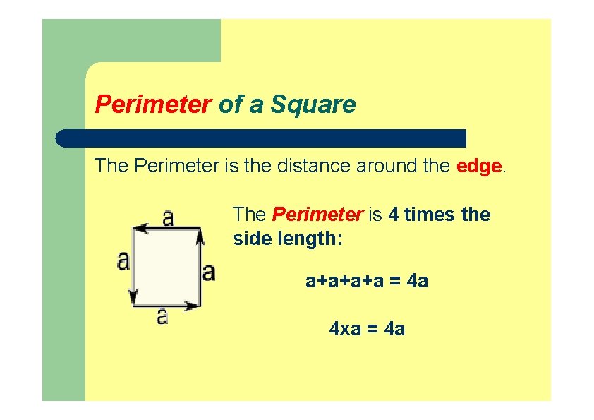 Perimeter of a Square The Perimeter is the distance around the edge. The Perimeter Perimeter of a Square The Perimeter is the distance around the edge. The Perimeter