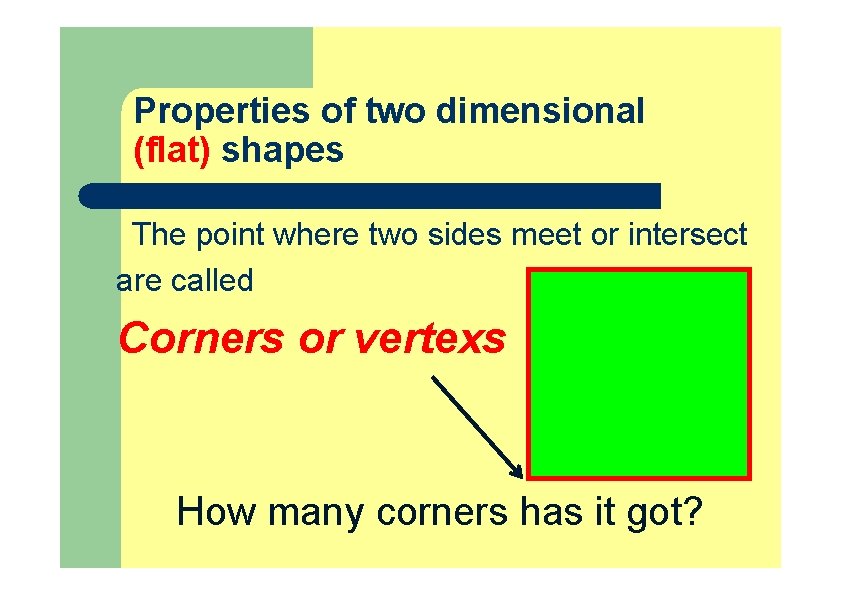 Properties of two dimensional (flat) shapes The point where two sides meet or intersect Properties of two dimensional (flat) shapes The point where two sides meet or intersect