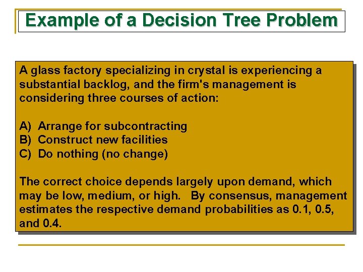 Example of a Decision Tree Problem A glass factory specializing in crystal is experiencing