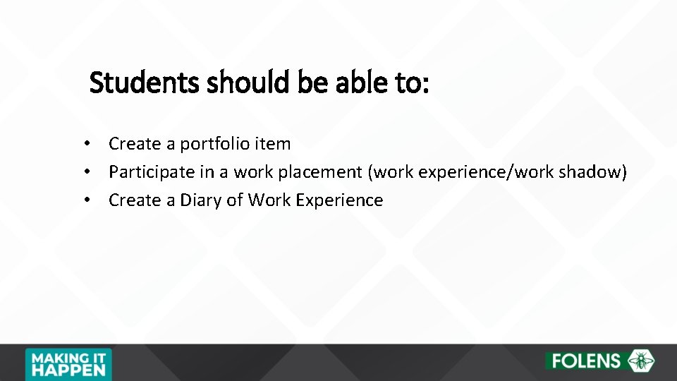 Students should be able to: • Create a portfolio item • Participate in a