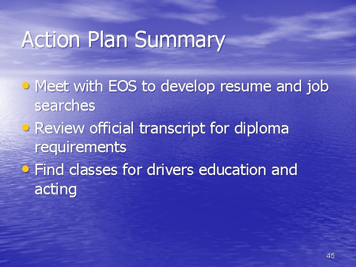 Action Plan Summary • Meet with EOS to develop resume and job searches •