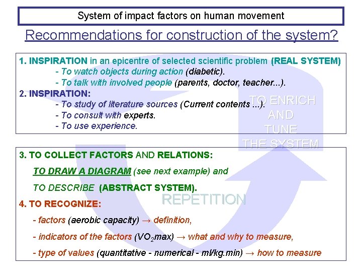 System of impact factors on human movement Recommendations for construction of the system? 1.