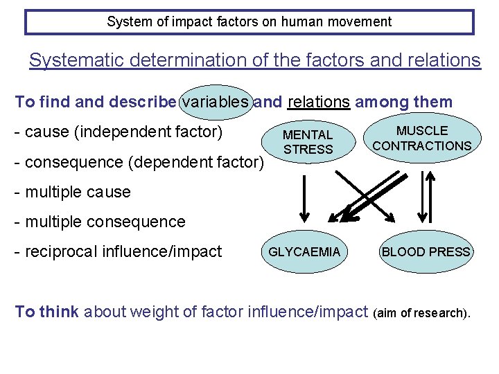 System of impact factors on human movement Systematic determination of the factors and relations