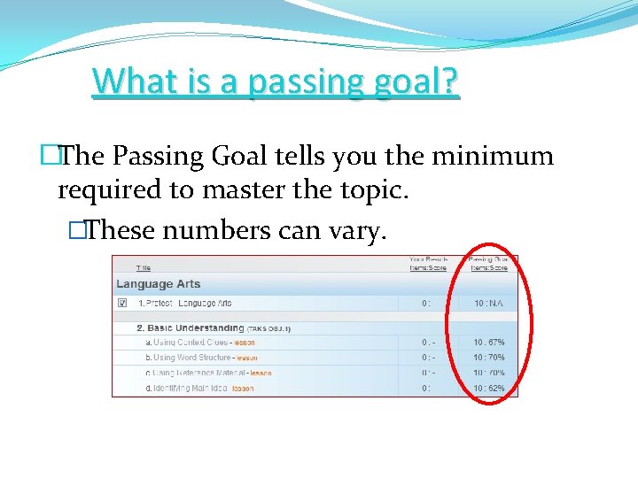 What is a passing goal? �The Passing Goal tells you the minimum required to