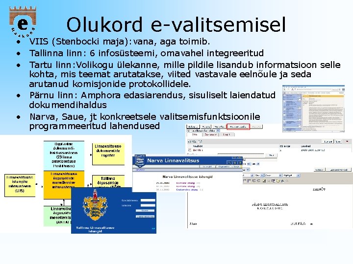 Olukord e-valitsemisel • VIIS (Stenbocki maja): vana, aga toimib. • Tallinna linn: 6 infosüsteemi,