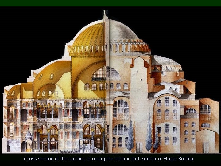 Cross section of the building showing the interior and exterior of Hagia Sophia. 