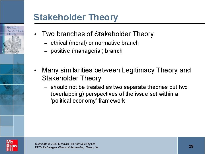 Stakeholder Theory • Two branches of Stakeholder Theory ethical (moral) or normative branch –