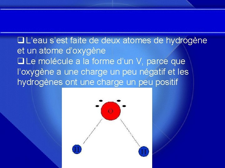 q L’eau s’est faite de deux atomes de hydrogène et un atome d’oxygène q q L’eau s’est faite de deux atomes de hydrogène et un atome d’oxygène q