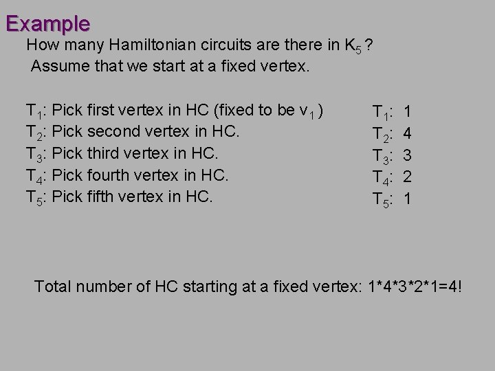 Example How many Hamiltonian circuits are there in K 5 ? Assume that we Example How many Hamiltonian circuits are there in K 5 ? Assume that we