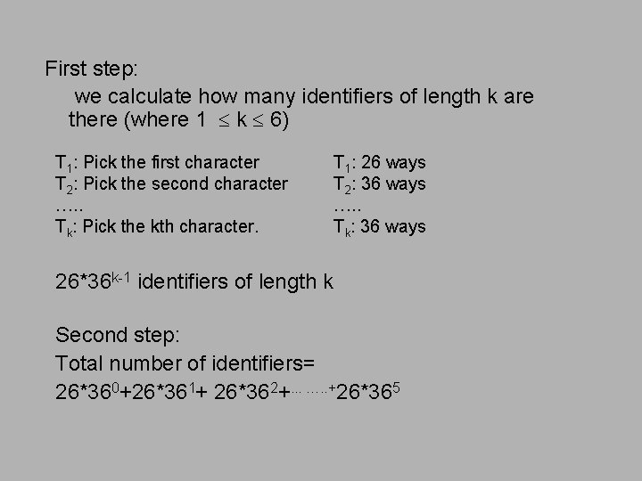 First step: we calculate how many identifiers of length k are there (where 1 First step: we calculate how many identifiers of length k are there (where 1