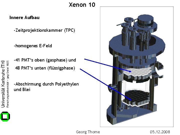 Xenon 10 Innere Aufbau -Zeitprojektionskammer (TPC) -homogenes E-Feld -41 PMT‘s oben (gasphase) und 48