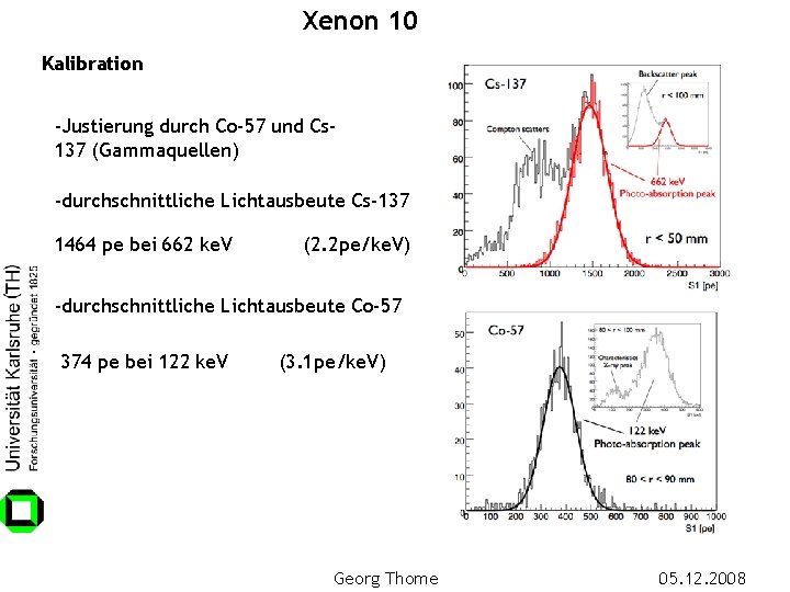 Xenon 10 Kalibration -Justierung durch Co-57 und Cs 137 (Gammaquellen) -durchschnittliche Lichtausbeute Cs-137 1464