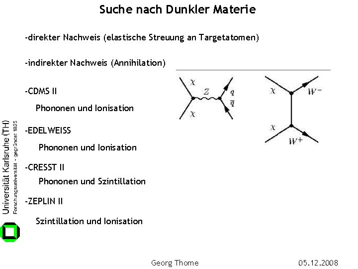 Suche nach Dunkler Materie -direkter Nachweis (elastische Streuung an Targetatomen) -indirekter Nachweis (Annihilation) -CDMS