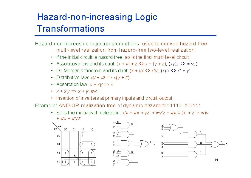 Hazard-non-increasing Logic Transformations Hazard-non-increasing logic transformations: used to derived hazard-free multi-level realization from hazard-free Hazard-non-increasing Logic Transformations Hazard-non-increasing logic transformations: used to derived hazard-free multi-level realization from hazard-free