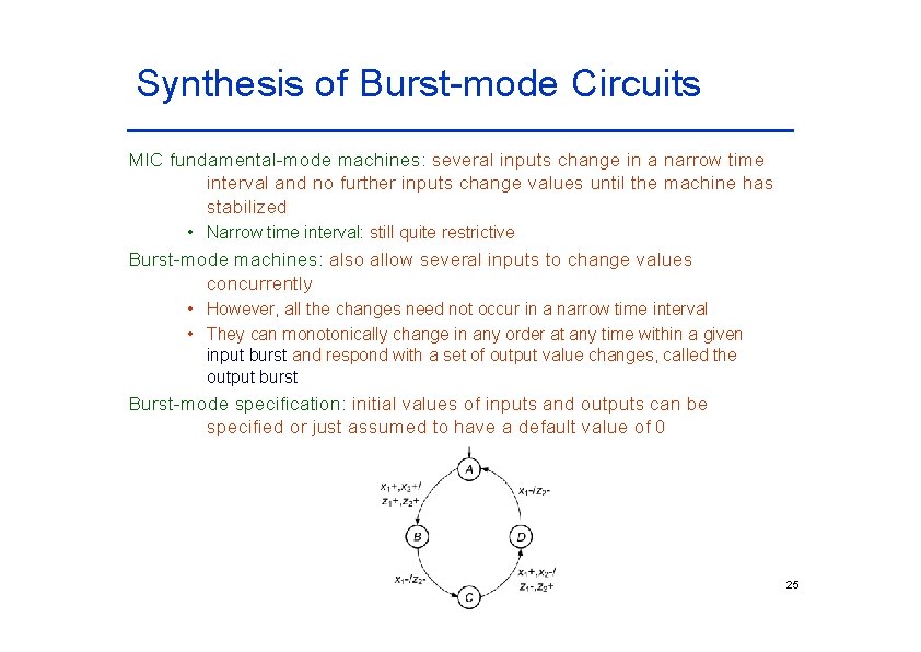 Synthesis of Burst-mode Circuits MIC fundamental-mode machines: several inputs change in a narrow time Synthesis of Burst-mode Circuits MIC fundamental-mode machines: several inputs change in a narrow time