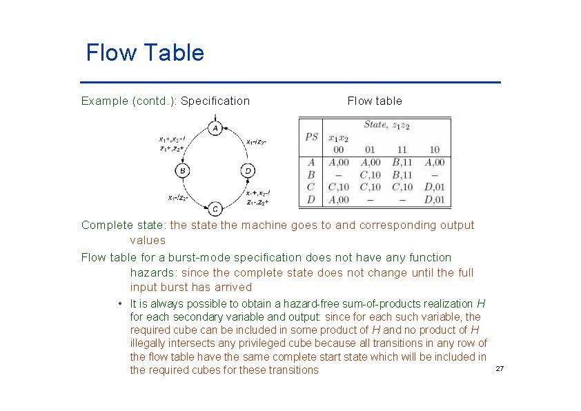 Flow Table Example (contd. ): Specification Flow table Complete state: the state the machine Flow Table Example (contd. ): Specification Flow table Complete state: the state the machine