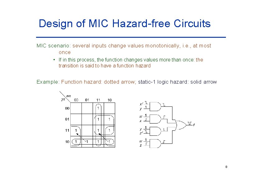 Design of MIC Hazard-free Circuits MIC scenario: several inputs change values monotonically, i. e. Design of MIC Hazard-free Circuits MIC scenario: several inputs change values monotonically, i. e.