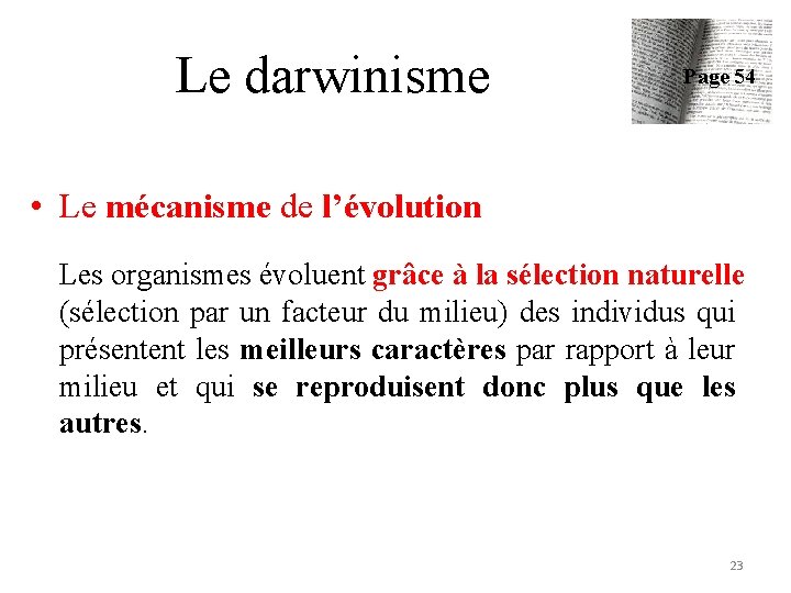 Le darwinisme Page 54 • Le mécanisme de l’évolution Les organismes évoluent grâce à