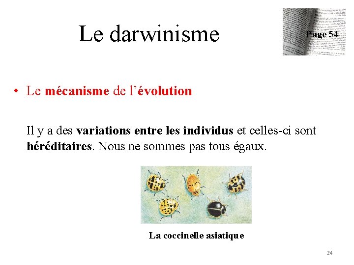 Le darwinisme Page 54 • Le mécanisme de l’évolution Il y a des variations