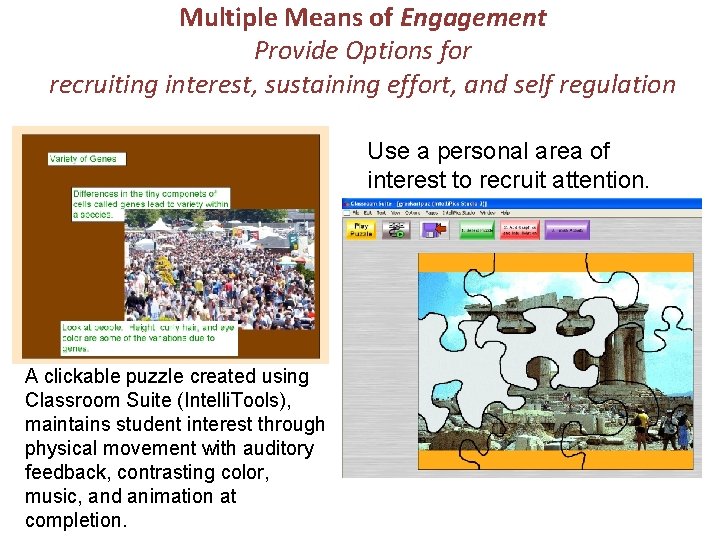 Multiple Means of Engagement Provide Options for recruiting interest, sustaining effort, and self regulation Multiple Means of Engagement Provide Options for recruiting interest, sustaining effort, and self regulation