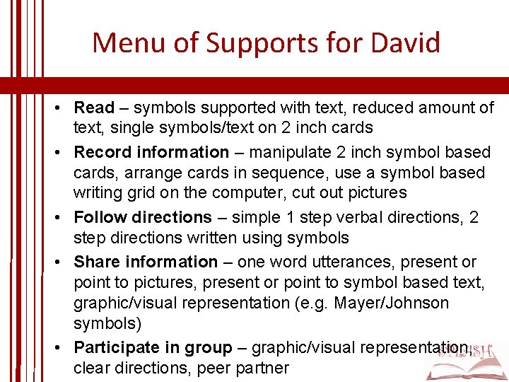 Menu of Supports for David • Read – symbols supported with text, reduced amount Menu of Supports for David • Read – symbols supported with text, reduced amount