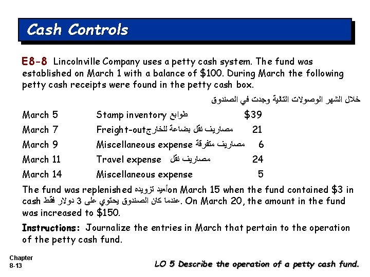 Cash Controls E 8 -8 Lincolnville Company uses a petty cash system. The fund