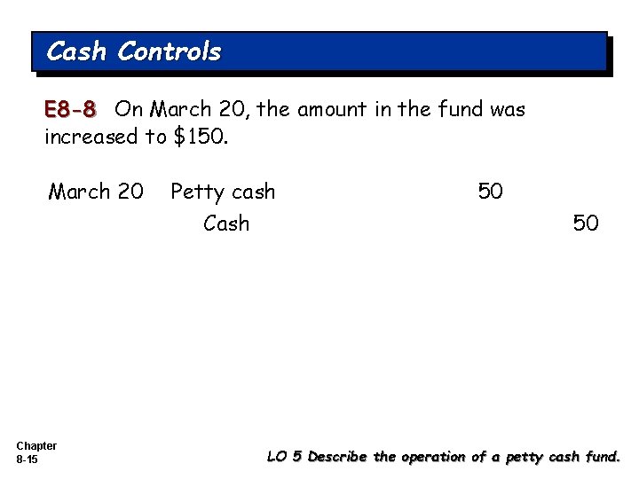 Cash Controls E 8 -8 On March 20, the amount in the fund was