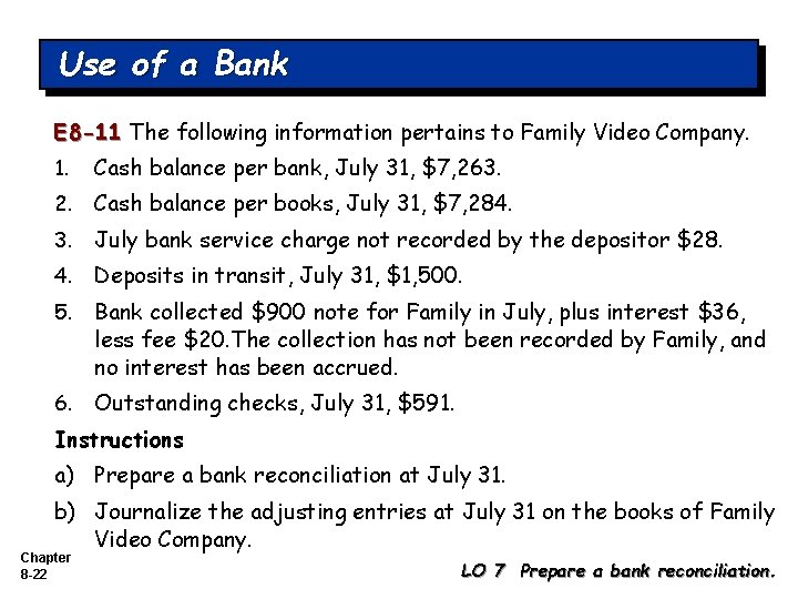 Use of a Bank E 8 -11 The following information pertains to Family Video