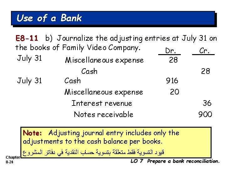 Use of a Bank E 8 -11 b) Journalize the adjusting entries at July