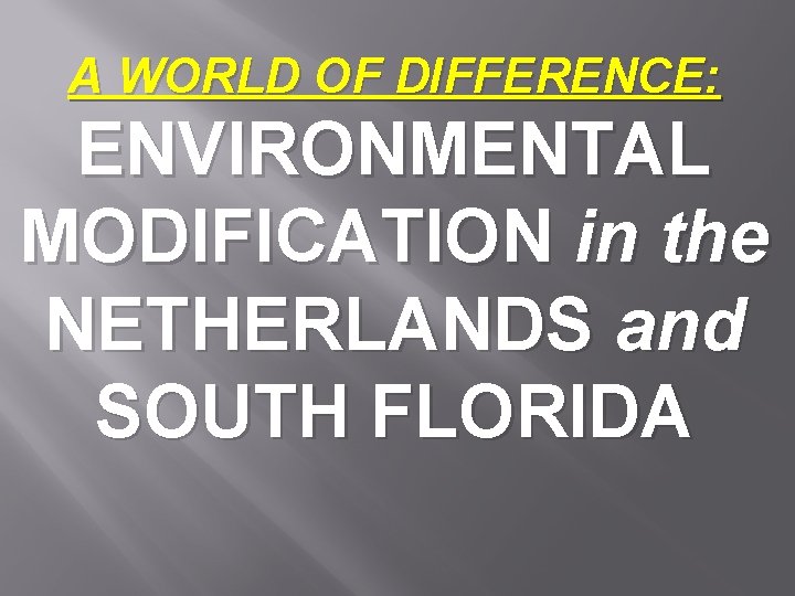 A WORLD OF DIFFERENCE: ENVIRONMENTAL MODIFICATION in the NETHERLANDS and SOUTH FLORIDA 