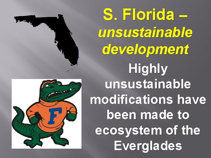 S. Florida – unsustainable development Highly unsustainable modifications have been made to ecosystem of
