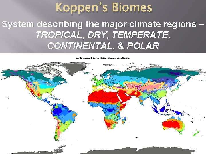 Koppen’s Biomes System describing the major climate regions – TROPICAL, DRY, TEMPERATE, CONTINENTAL, &