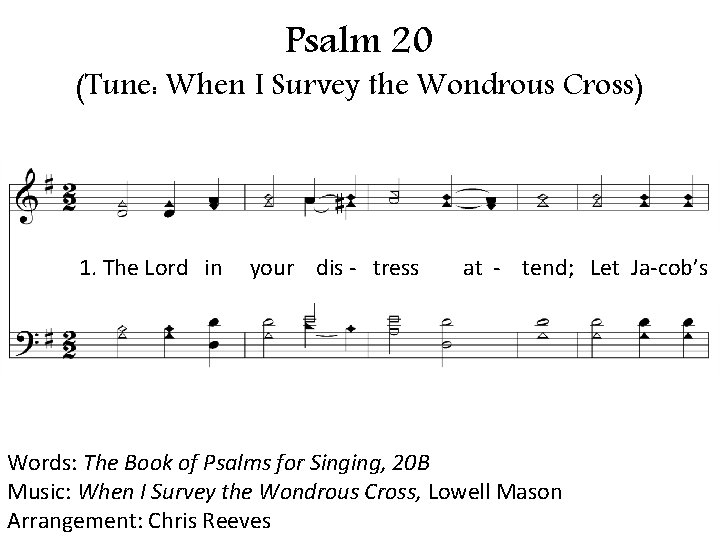 Psalm 20 (Tune: When I Survey the Wondrous Cross) 1. The Lord in your