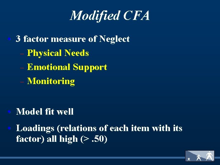 Modified CFA • 3 factor measure of Neglect - Physical Needs - Emotional Support