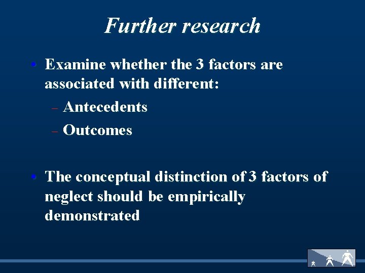 Further research • Examine whether the 3 factors are associated with different: - Antecedents