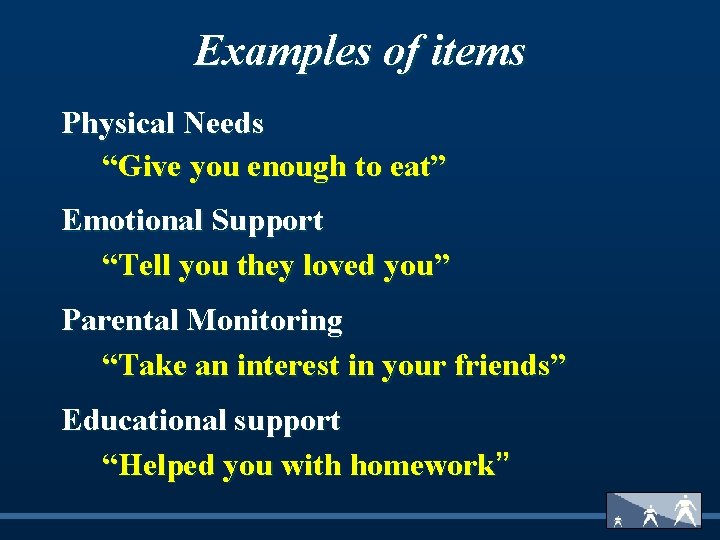 Examples of items Physical Needs “Give you enough to eat” Emotional Support “Tell you
